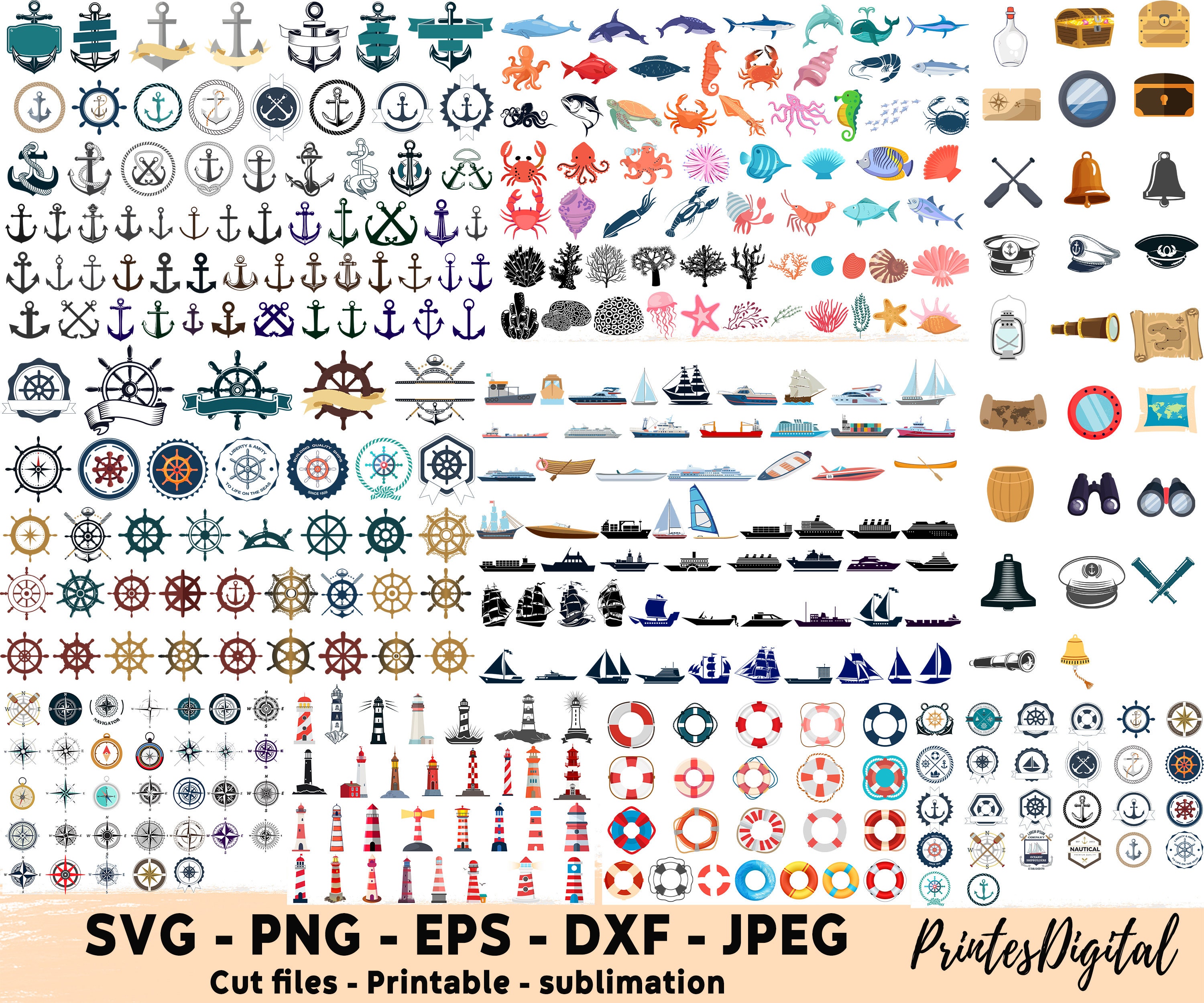 340 Nautical Svg bundle Png, Nautical Svg clipart, Anchor svg, Fish svg, boat ship svg, Lifebuoy svg, lighthouse svg, Nautical compass wheel