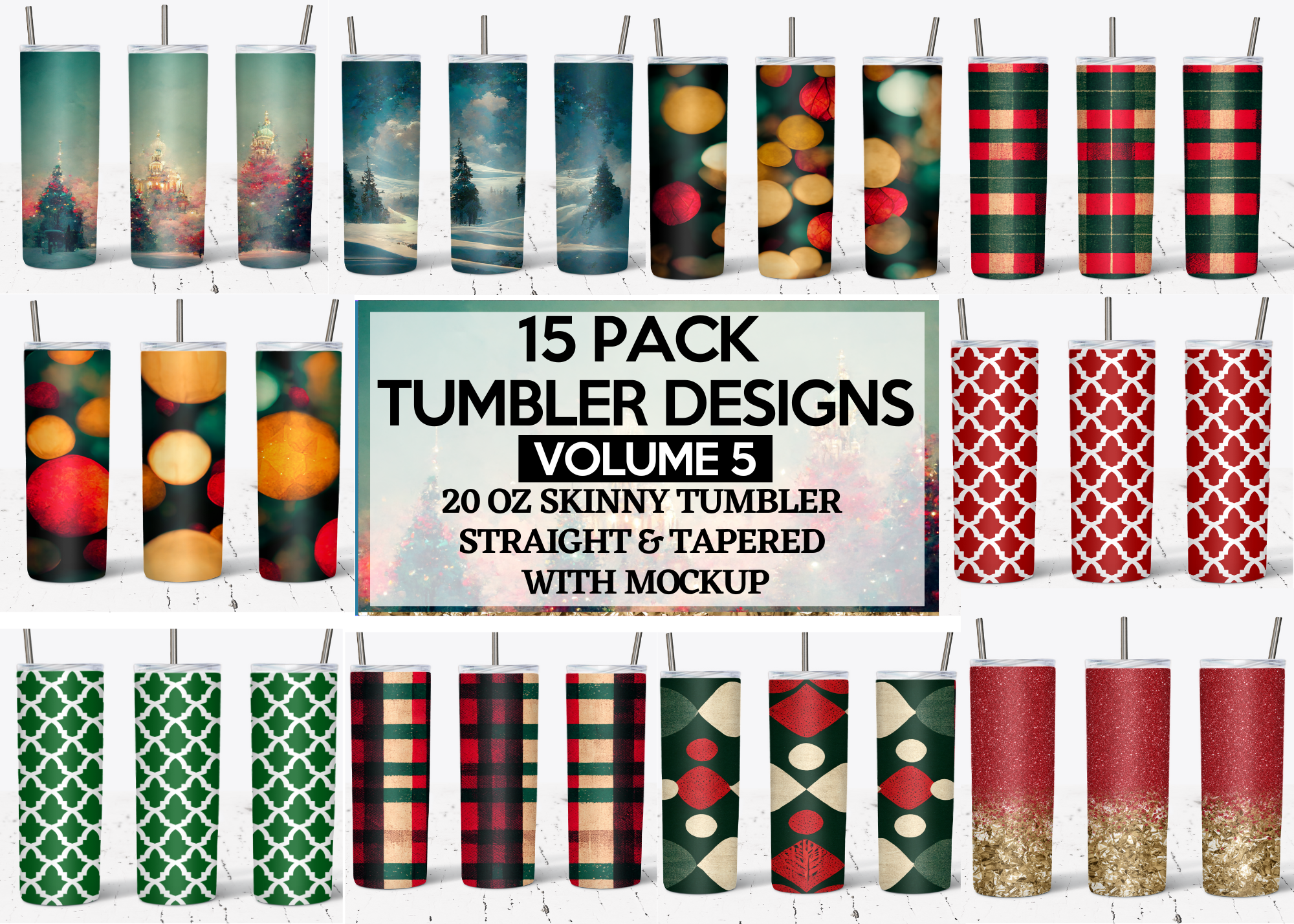 20 Oz Christmas Skinny Tumbler Sublimation Wraps Bundle - Volume 5