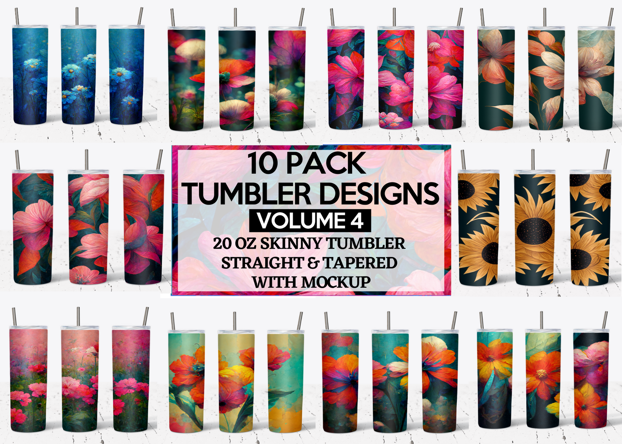 20 Oz Floral Skinny Tumbler Sublimation Wraps Bundle, Volume 4, Floral Designs PNG Bundle