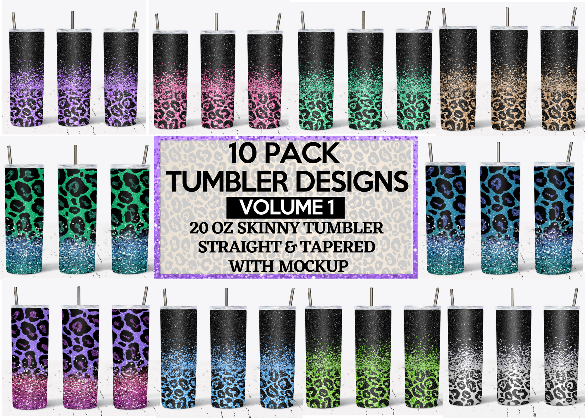 20 Oz Skinny Tumbler Sublimation Wraps Bundle, Volume 1 - Glitter Leopard Prints Bundle