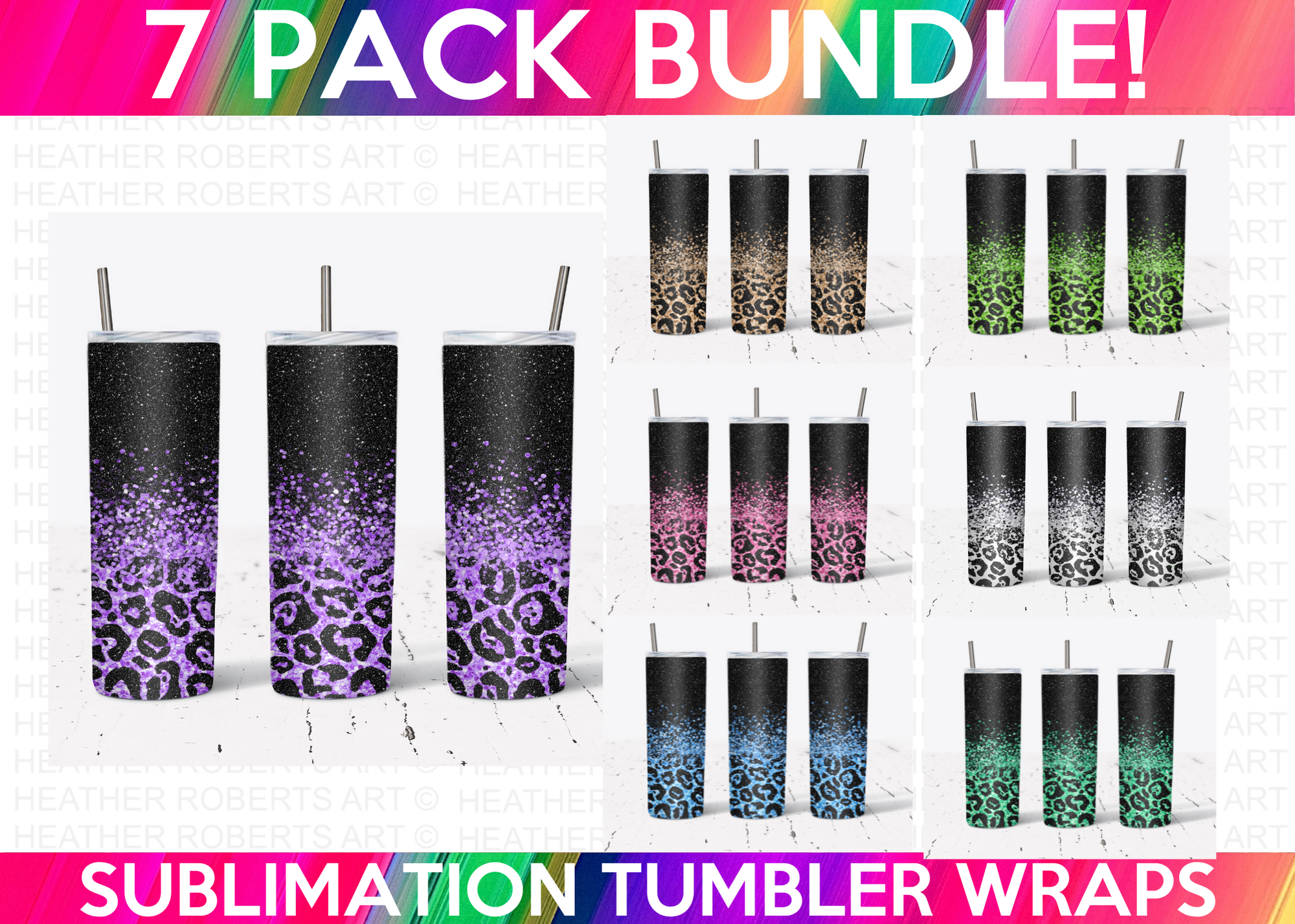 20 Oz Skinny Tumbler Sublimation Wraps Bundle, Glitter Leopard Prints Bundle