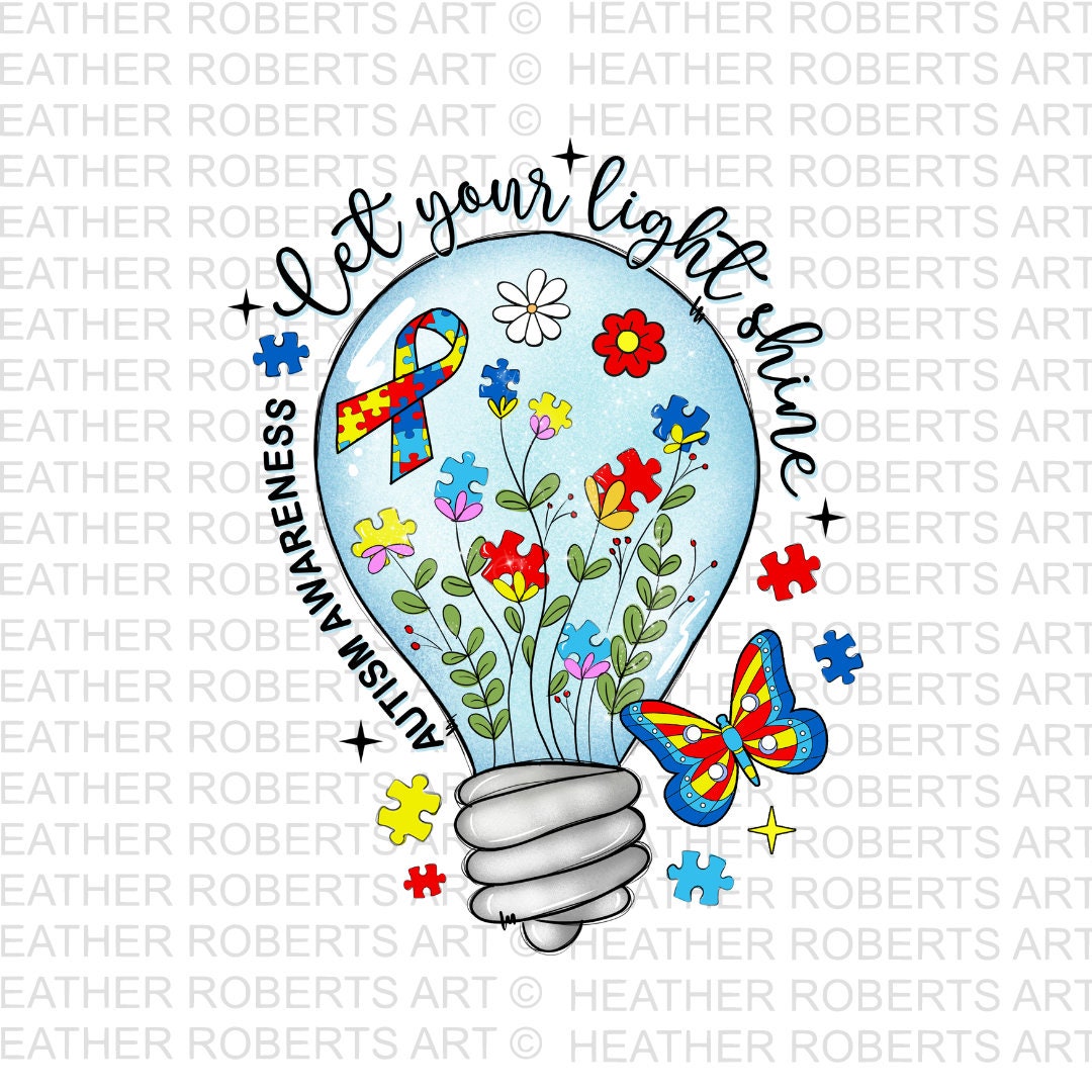 Autism Awareness Lightbulb PNG: Floral Puzzle Ribbon Sublimation