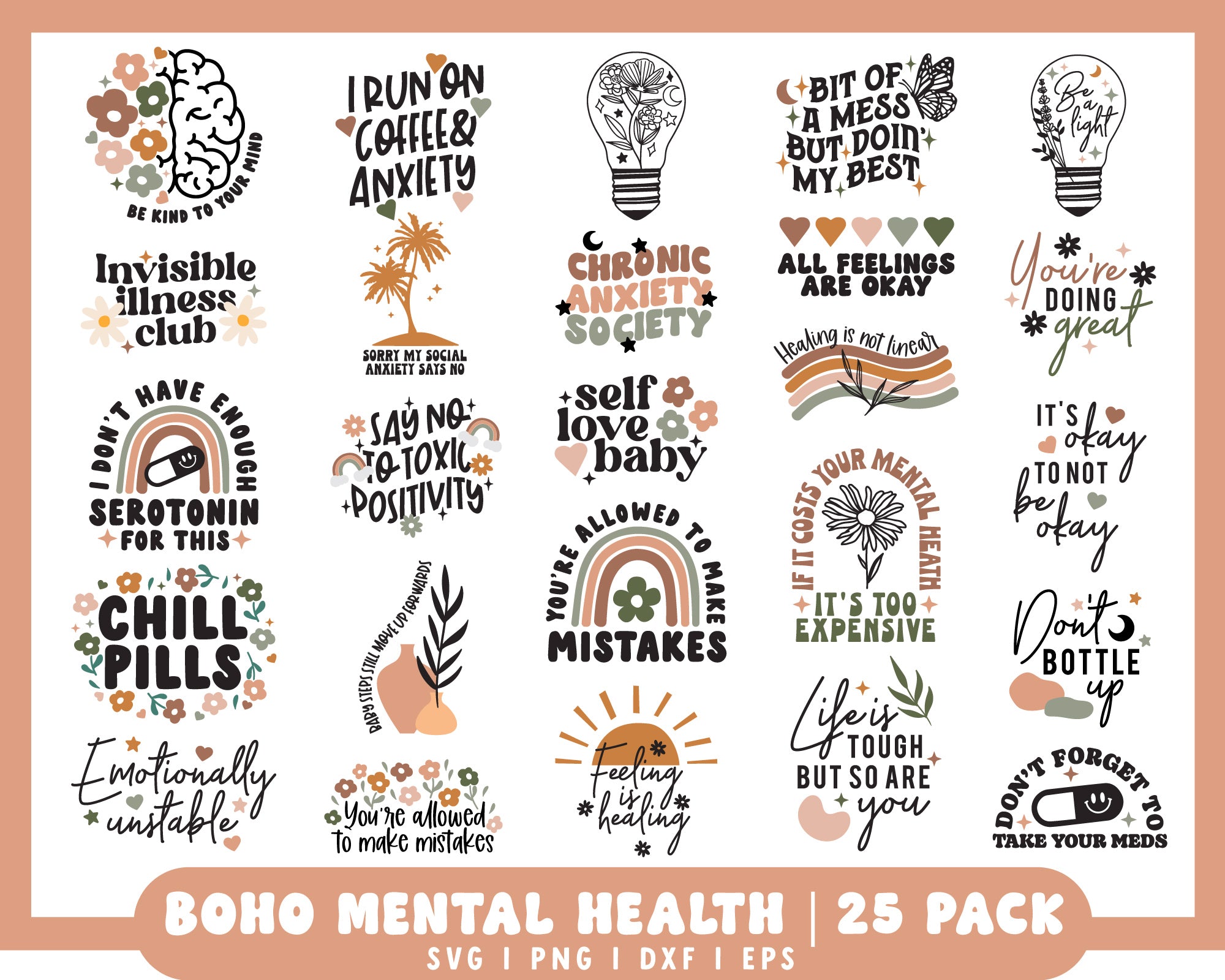 Boho Mental Health Quote Bundle | 25 Pack