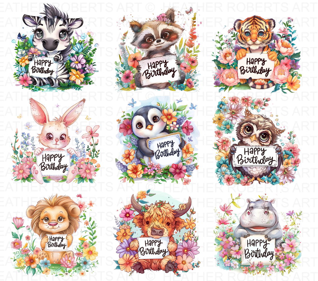 Cute Birthday Animals Clipart PNG Bundle