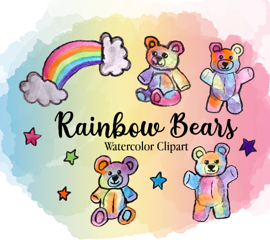 Rainbow Teddy Bears Watercolor Clipart