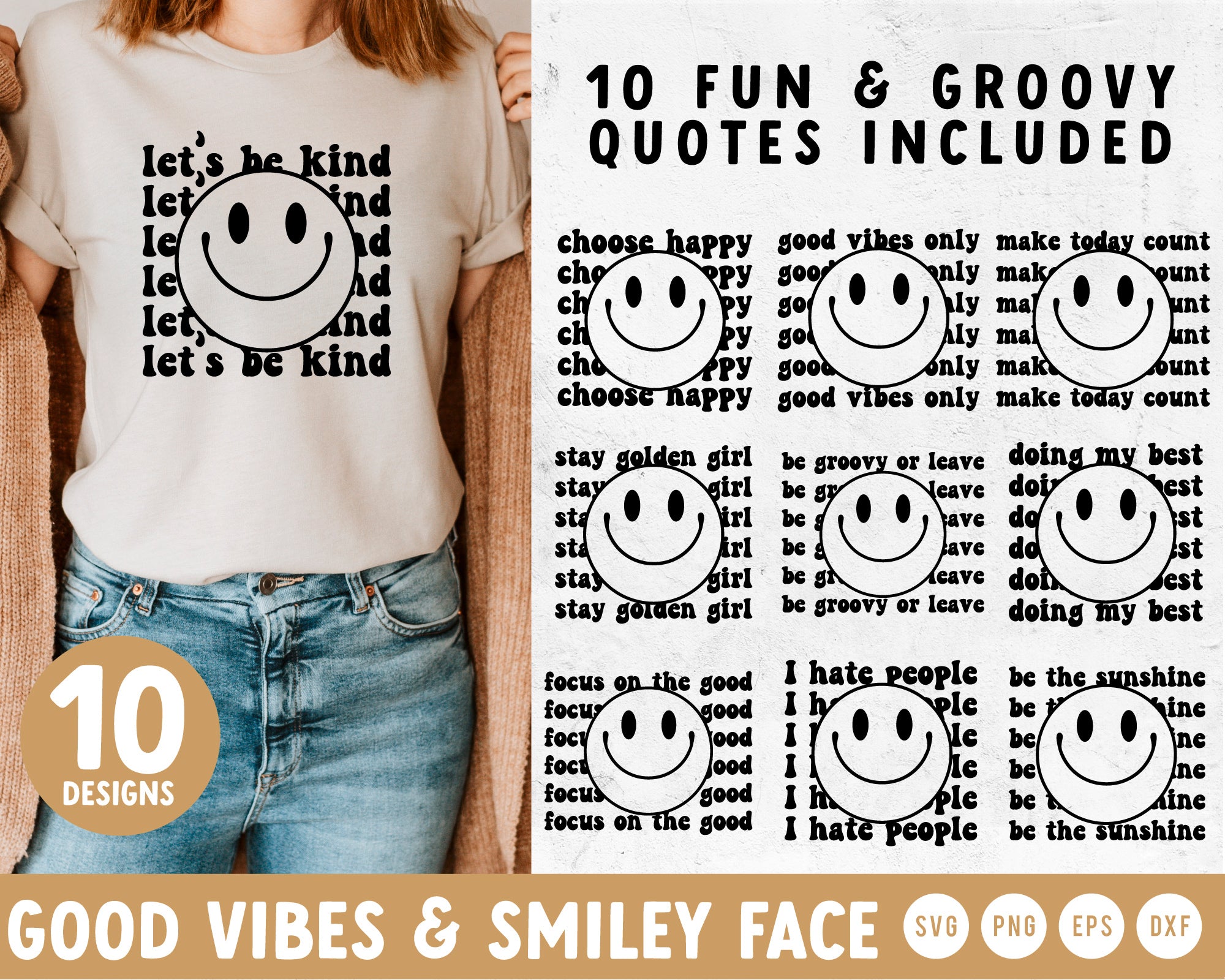 Retro Smiley & Good Vibes Only SVG | 10 Pack